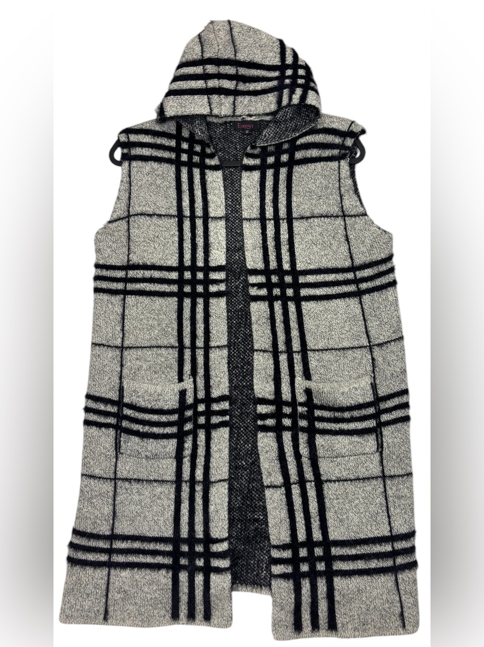 Evidence Black Cream Plaid Hooded Sleeveless Long Knit Vest Medium